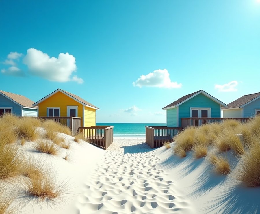 Beach cottages behind a dune crossover in Atlantic Beach