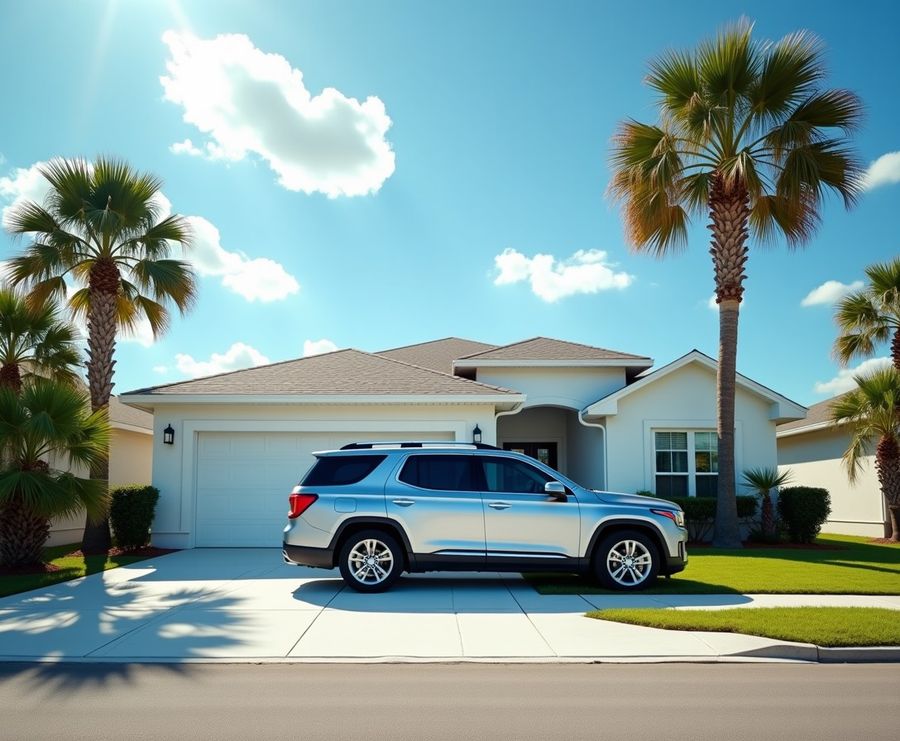 SUV parked in a palm-lined Florida driveway