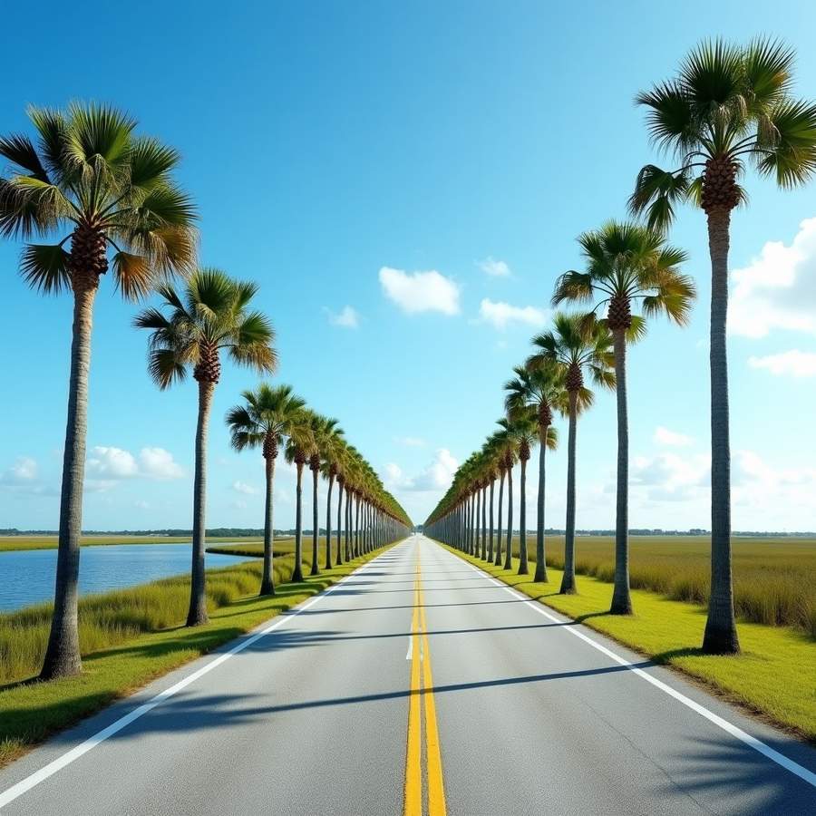Empty palm-lined coastal road beside the Intracoastal Waterway