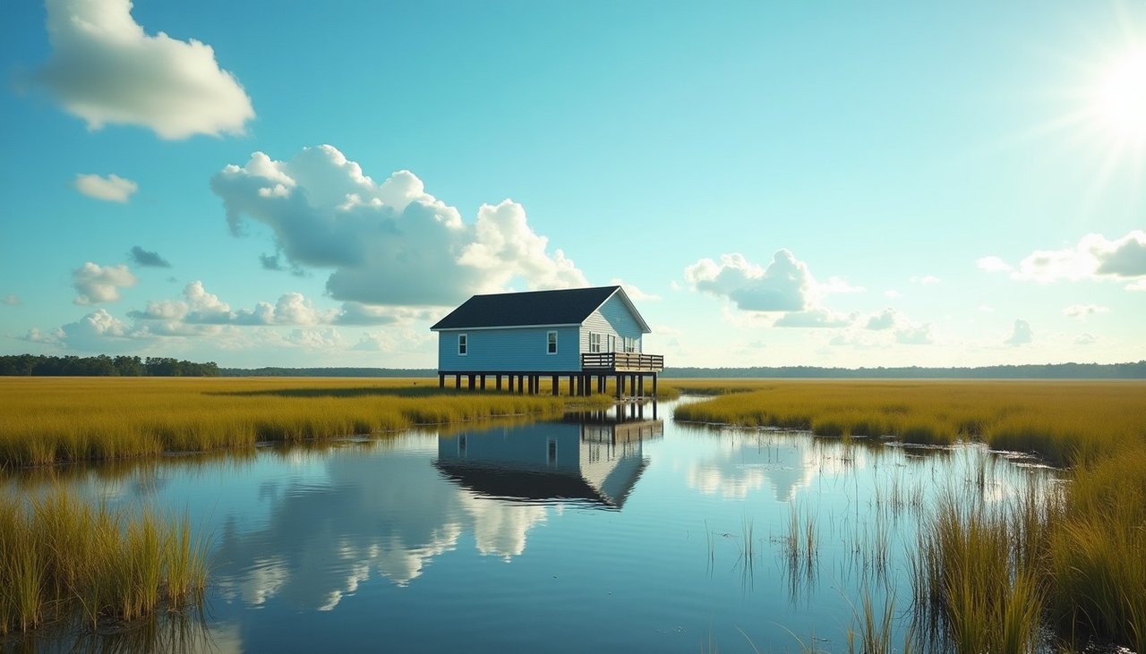 Raised Florida home beside a rain-soaked marsh lawn