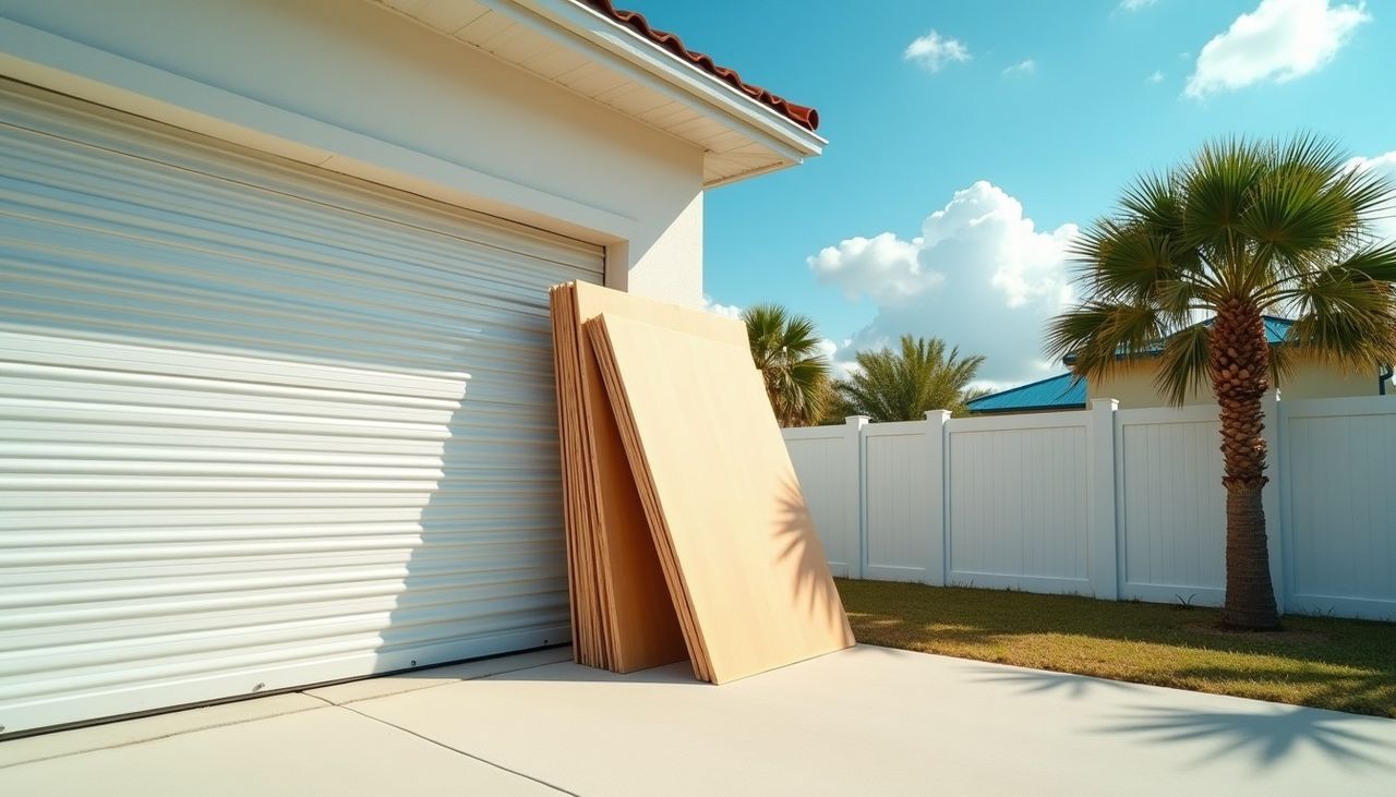 Hurricane shutter panels stacked in a Florida garage