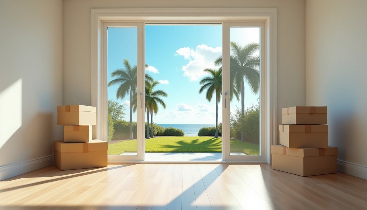 Bright Florida living room with moving boxes