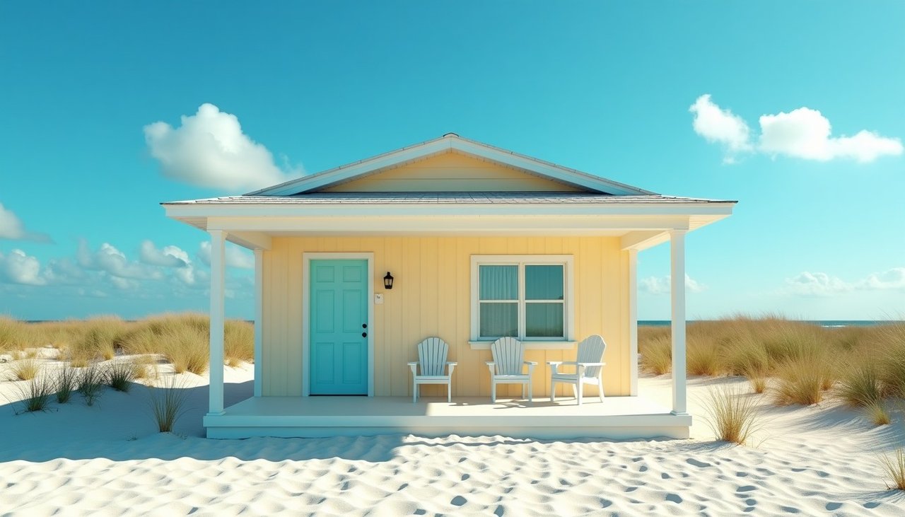 Pastel Florida beach cottage with chairs folded on the porch