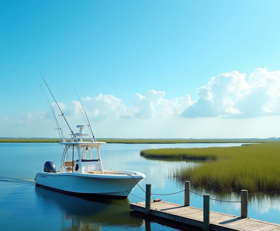 Center-console boat docked on a calm Northeast Florida river