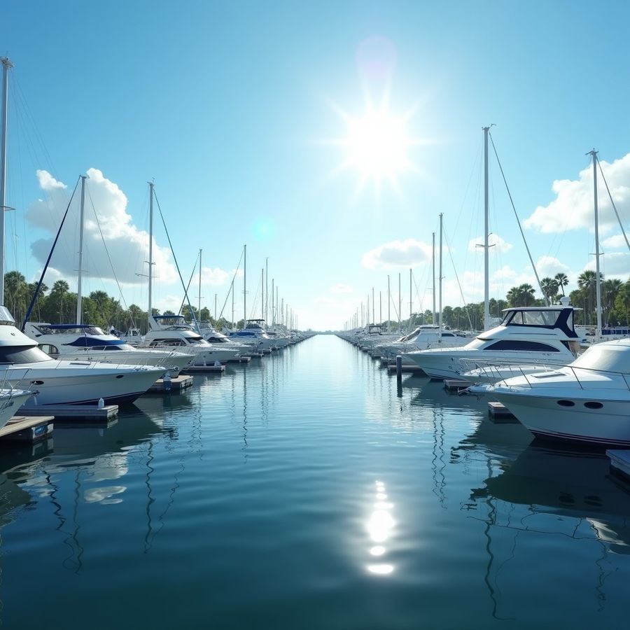 Sunlit Intracoastal marina with boats in their slips