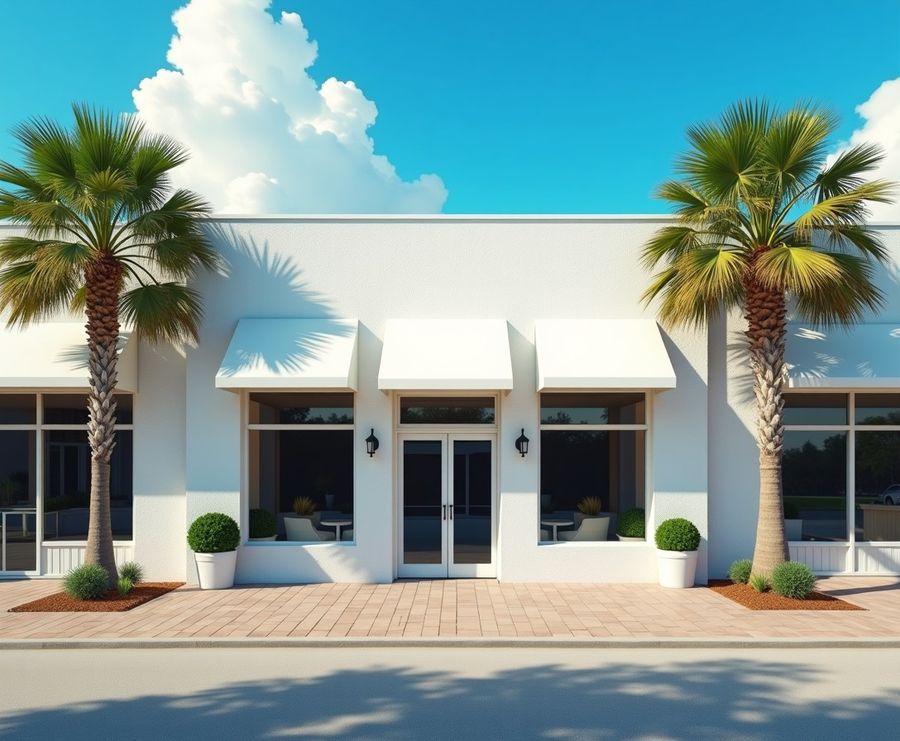 Small Florida coastal storefront with awnings and palms