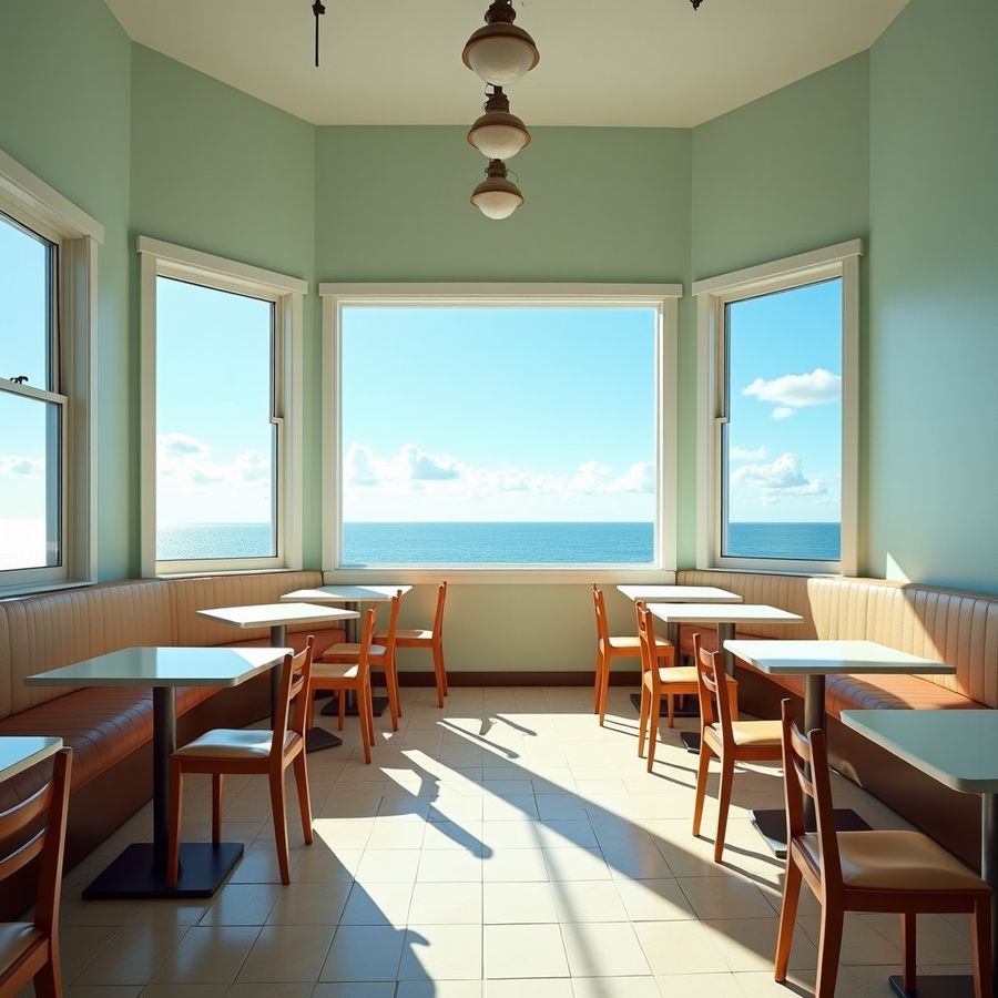 Empty sunlit restaurant dining room with chairs on the tables