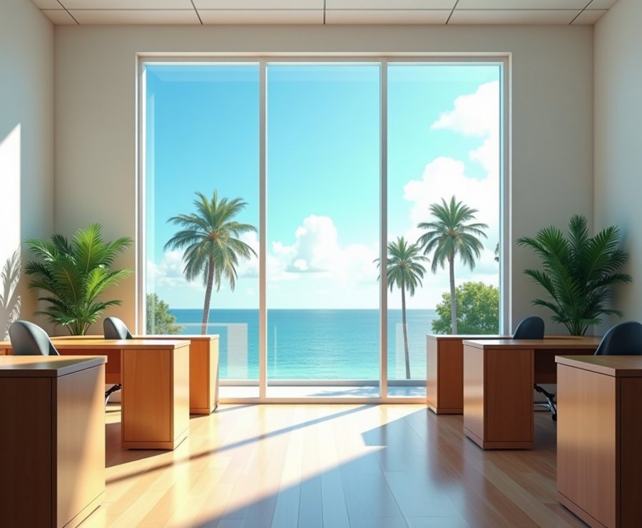 Bright modern office with windows onto palms