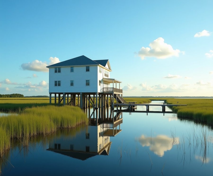 Raised coastal home on pilings beside a calm Northeast Florida marsh creek