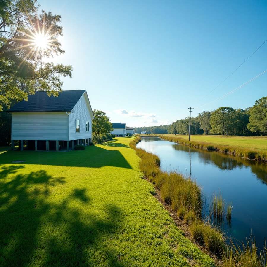 Raised Florida home beside a marsh creek with flood vents in its foundation
