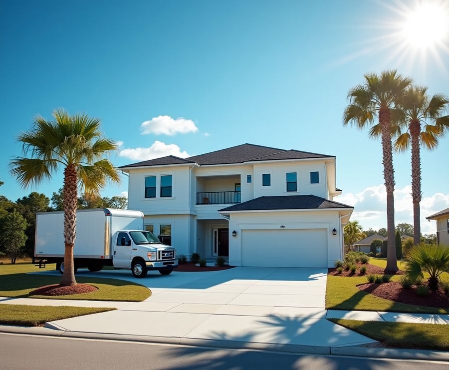 Contractor truck outside a newly built Florida coastal home