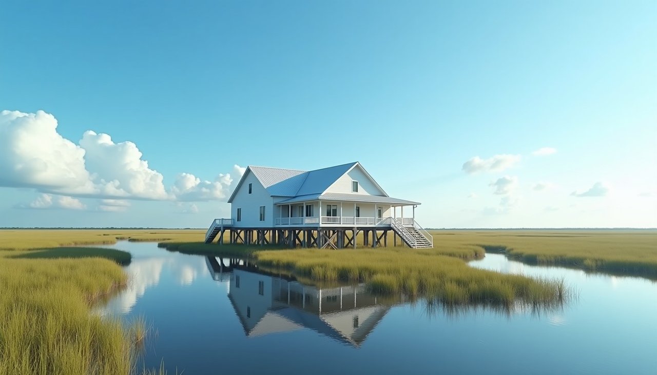 Raised Florida home beside calm salt marsh