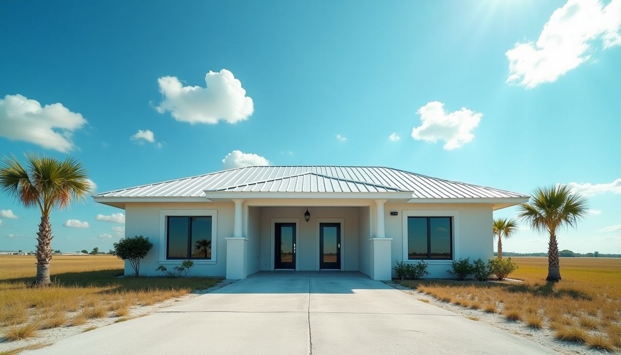 Sturdy Florida coastal home with impact windows under a clearing sky