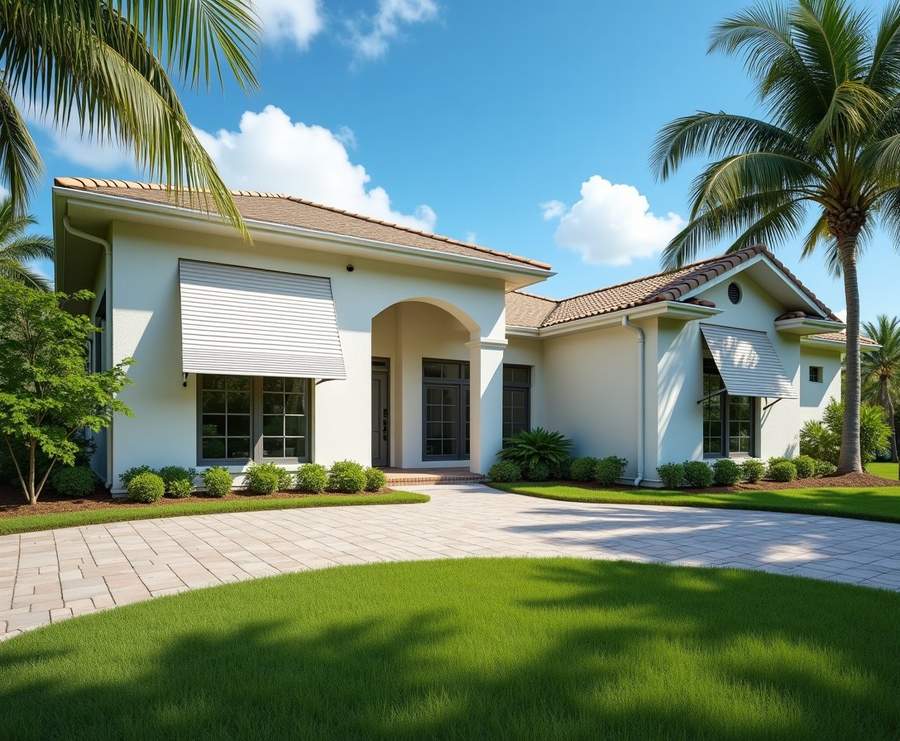 Stucco Florida home with folded hurricane shutters on a sunny day