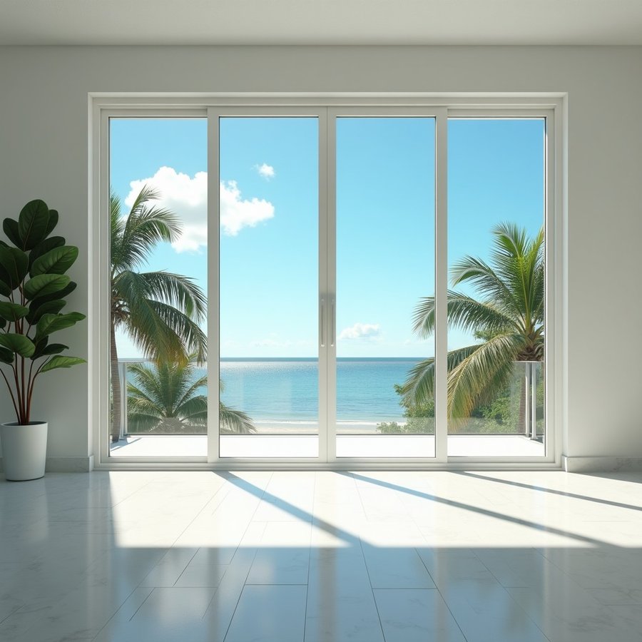 Florida living room with impact-rated windows and palms outside