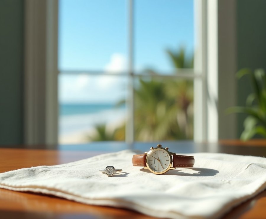 Diamond ring and wristwatch on linen in morning window light