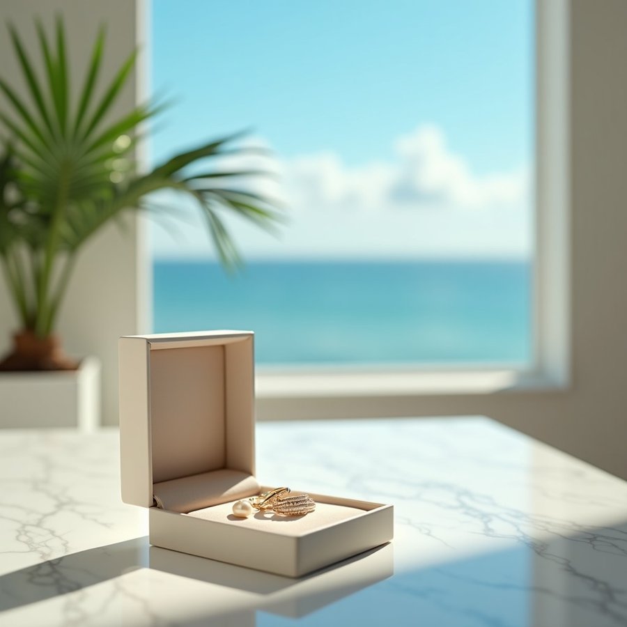 Open jewelry box with pearls and rings on a bright vanity