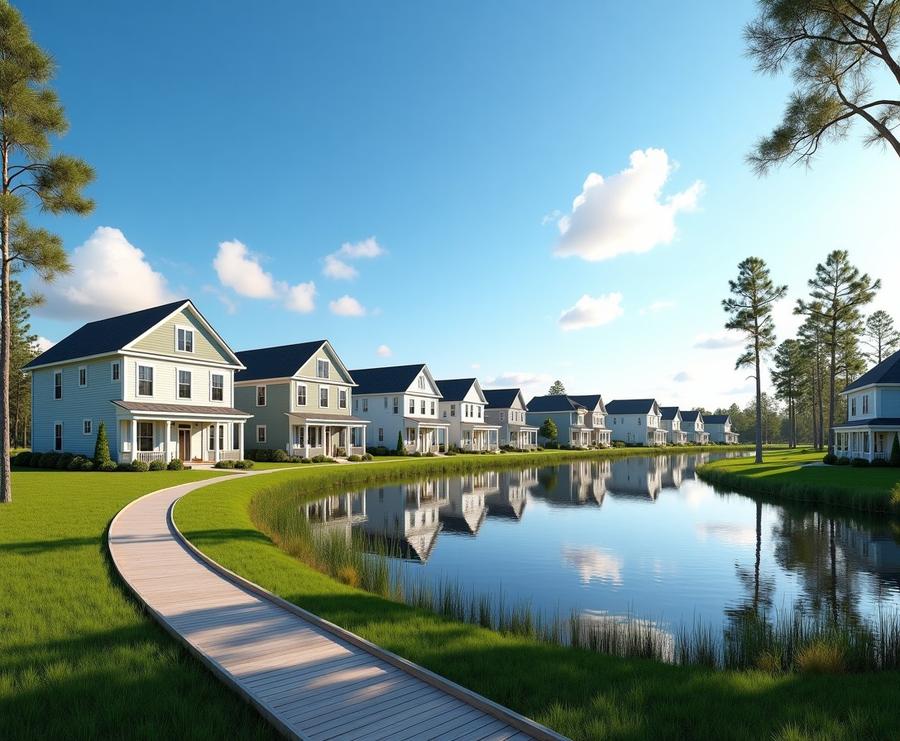 New craftsman homes beside a preserve pond in Nocatee