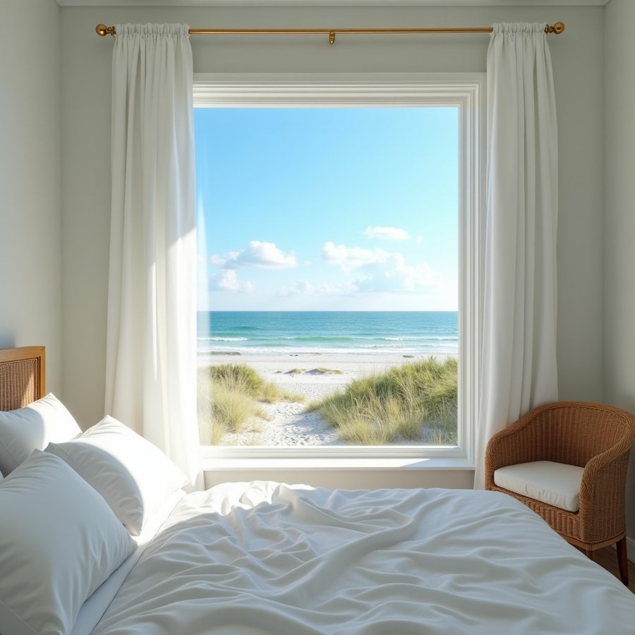 Bright vacation rental bedroom with a view of the dunes