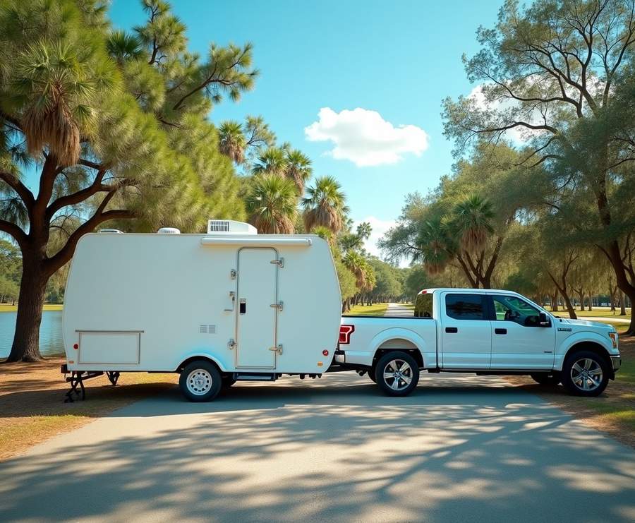 Travel trailer and tow truck at a Florida riverside campground