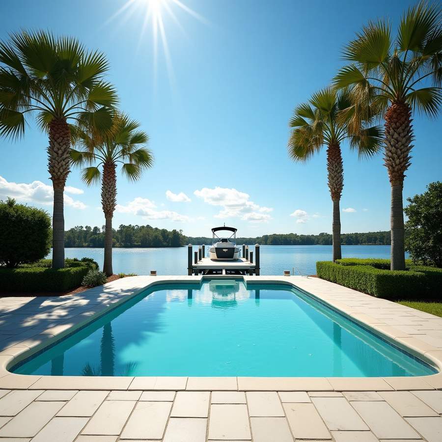 Pool deck with a boat lift and dock on a Florida waterway