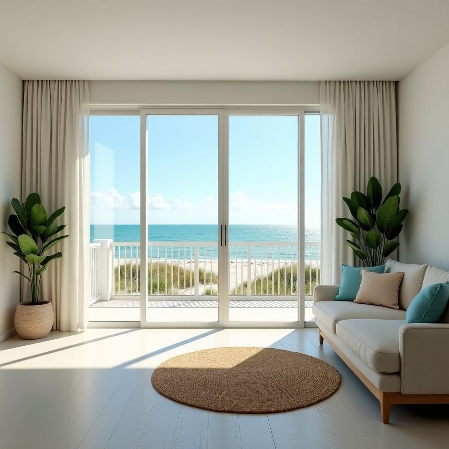 Bright condo living room with sliding glass doors open to a balcony over the dunes and Atlantic Ocean