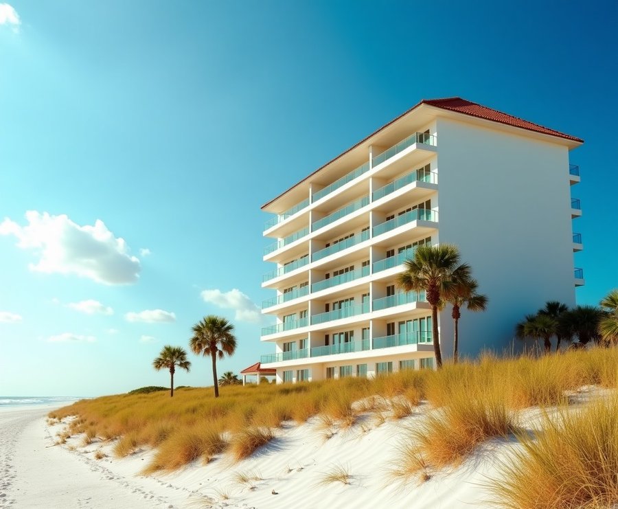 White stucco oceanfront condominium with a terracotta roof behind sea oat dunes on a sunny Northeast Florida beach