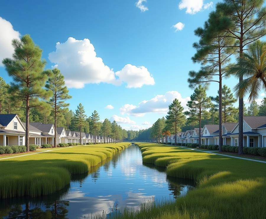 Homes among tall pines near a tidal creek in Yulee
